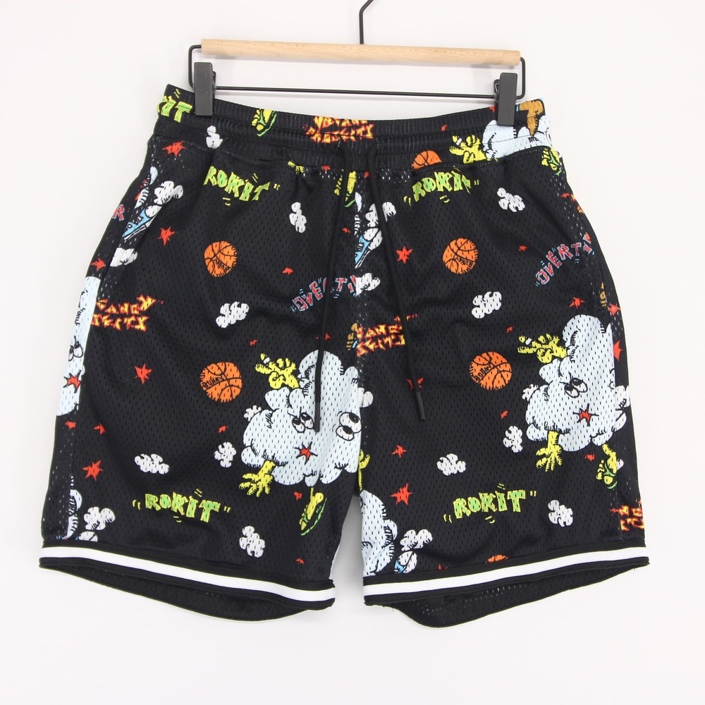 Rokit Overtime Shorts Mens M Black Graphic Basketball Mesh Drawstring